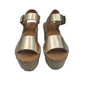 Soludos Gold Leather Platform Jute Braided Wedge Sandals Size 5.5 Women’s